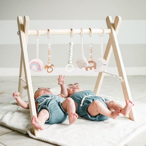 Wooden Baby Gym with 6 Gym Toys, Foldable Baby Play Gym, Natural Pine Wood Play Gym, Frame Activity Center Hanging Bar, Wooden Play Gym