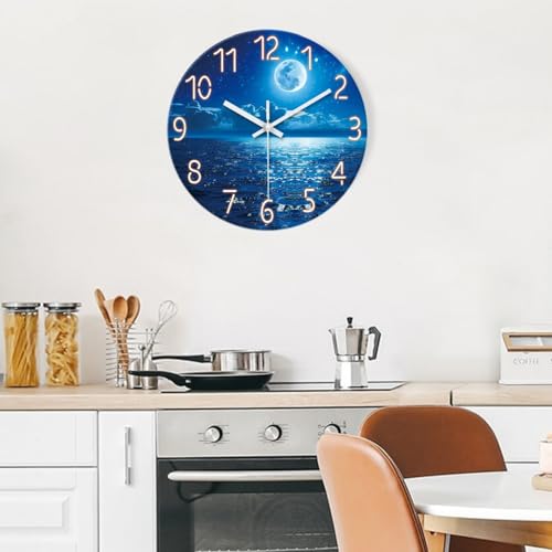 Image of Large Blue Moon Wall Clock Battery Operated 24 Inch Silent | Non Ticking Modern Glass Nature Decorative Round Analog Clock for Living Room Bedroom Kitchen