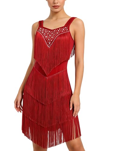 EFOGEP Latin Tanzkleid Damen Tanzkleid mit Fransen Salsa Kleid Damen Ballroom Kleid Damen - Sexy Glitzer Lateinkleid Kurz für Rumba Cha Cha Wettbewerb Training Party Rot L