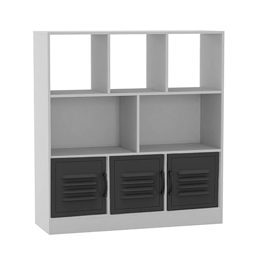 URBNLIVING Gabinete de almacenamiento asimétrico de 8 cubos, estantería independiente con 3 puertas para el hogar y la oficina, puertas de metal, color negro