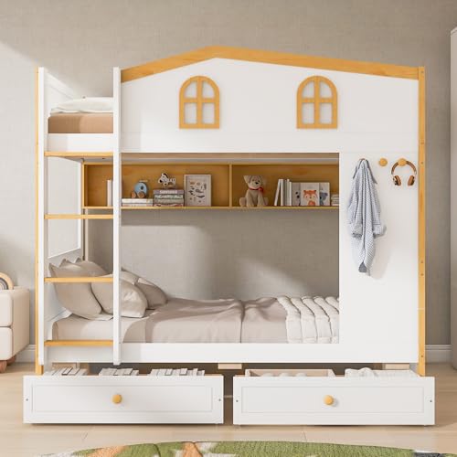 Image of Merax Full Over Full Size House Bunk Bed with Storage Shelves & 2 Drawers, Solid Wood Space-Saving Loft Bed Frame with Safety Guardrails for Bedroom, White+Natural