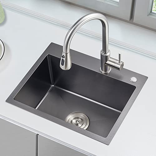 Ougoo 20 X 16Inch Drop-In Tight Radius Black Stainless Steel Topmount Kitchen Sink Single Bowl #TOP1
