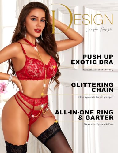 Image of RSLOVE Women's Lingerie Sets with Garter Belt 3 Piece Sexy Lace High Waist Bra and Panty Set Push Up Exotic Sleepwear