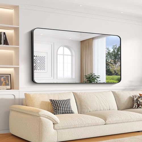 Image of Bathroom Mirror, 30 inchx55 inch Black Rectangle Wall Mirror, Metal Frame Rounded Corner Vanity Mirror, Large Wall Mounted Mirror for Modern Bedroom Living Room Horizontal Or Vertical Mounting