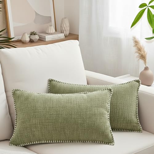 Lumbar 12x20 Pillow Cover Set of 2 Light Olive Green Textured Chenille Soft Small Cushion Covers for Sofa Chair Pillows Modern Rectangle Pillow Cases for Couch Pillow