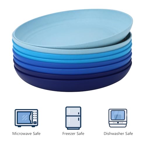 Image of Homienly Deep Dinner Plates Unbreakable Wheat Straw Plate Set of 8 Microwave and Dishwasher Safe Kitchen Plates for Lunch, Camping, Outdoor, RV, Reusable Plastic Plates 9 inch (Ocean Series)