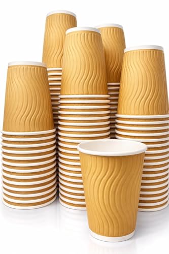 DHANZIPAK 100 x Premium Kraft 8 Ounce (8oz) Ripple 3 Ply Disposable Leakproof Insulated Paper Cups for Tea Coffee Cappuccino & Other Hot Drinks