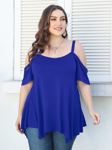 Image of LARACE Cold Shoulder Tops for Womens Summer Clothes Spaghetti Strape Tunic Oversized Shirts Asymmetrical Plus Size Blouse