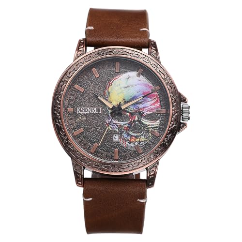 JewelryWe Montre Homme Bracelet Cuir: Montre Homme Gros Cadran Squelette Tête de Mort Steampunk Vintage avec Bracelet Cuir Véritable Ajustable Montre...