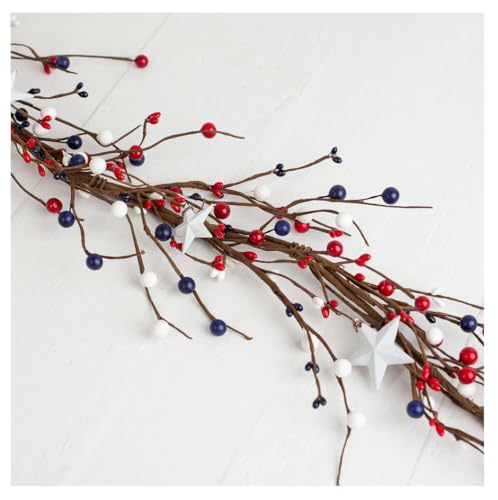 Factory Direct Craft Americana Mixed Berry and White Stars Garland - Red, White and Blue Berries and Metal Stars for Patriotic Decorating (58 Inches Long)