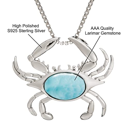 925 Sterling Silver Natural Larimar Crab Necklace Pendant with 18" Box Chain, Horoscope Zodiac, Nickel Free Hypoallergenic for Sensitive Skin, Gift Box Included4