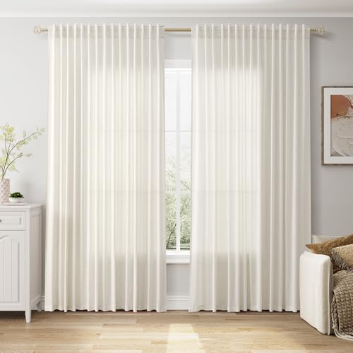 Image of Extra Wide 100 Inch Linen Curtains for Living Room Divider Light Filtering Semi Sheer Back Tab Patio Curtains for Sliding Door Natural Coastal Decor Sunroom Floor to Ceiling Window Curtain 100x84