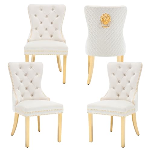 Homedraft Velvet Dining Chairs Set of 4, Nikki Collection Dining Room Chairs with Gold Stainless Steel Legs and Lion Head Pull Ring, Luxury Side Chair with Nailhead Trim and Button Tufted Back, Beige