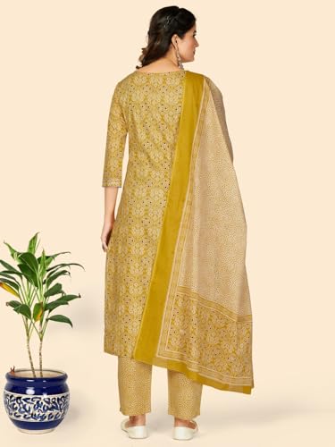 Image of Vbuyz Women's Printed & Embellished & Mirror Work Straight Cotton Stitched Kurta set | Straight Kurta Pant Dupatta | Kurta Set with Dupatta for Women | Suit Set | Ethnic Set | Printed Kurta Set