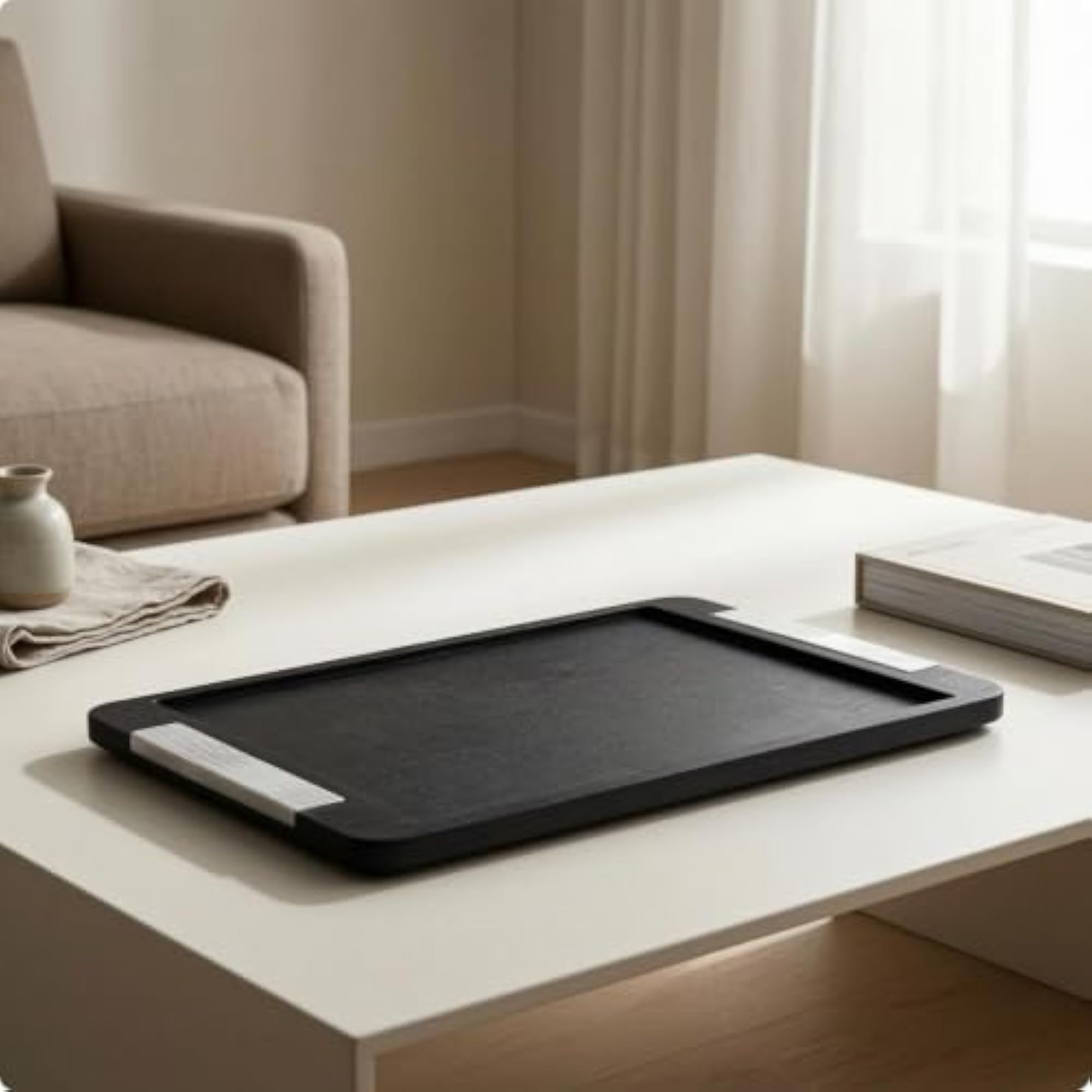 Decorative Tray with Handles, Rectangular Organizer for Coffee Table