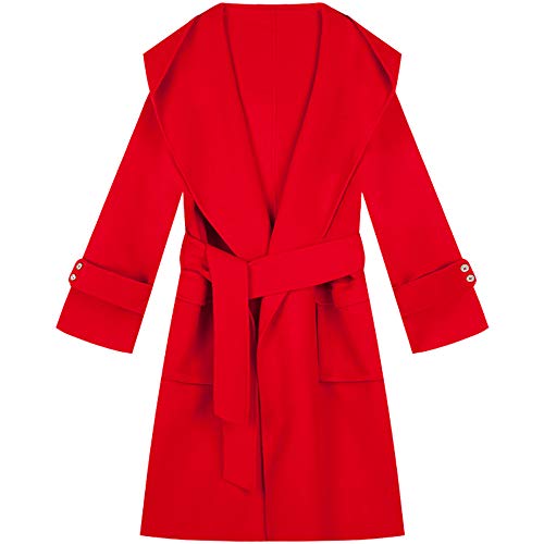 Rioco Women's Hooded Long Trench Double Woolen Coat with Self-sash Waist (Medium) Red