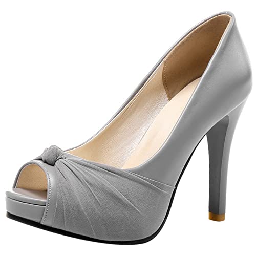 Lroey Reoly Zapatos de Salón de Mujer, Bombas de Tacón Alto Peep Toe Sin Cordones Zapatos de Vestir con Plataforma Lazos Elegante Magooc Gris Talla 39 EU