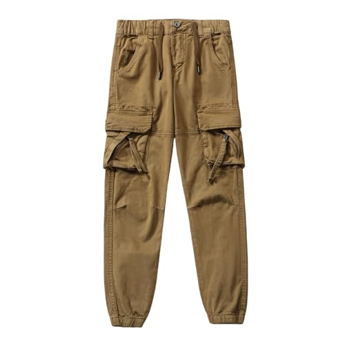 Kids Boys Cargo Pants with Pockets, Drawstring Waist, Elastic Leg Opening, Earthy Yellow, Army Green, 6-14