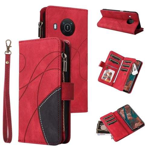 FERLAN Handyhülle Leder für Nokia 3.4/5.4 Hülle,Retro Reißverschluss Handytasche mit 9 Kartenfächer/Handschlaufe Geldbörse Trageband Schutzhülle Folio Wallet Hülle, Rot