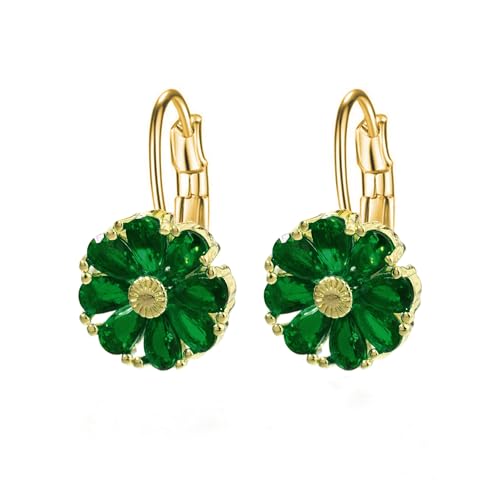 SIXDUTON Ohrringe für Damen, Hypoallergene Ohrstecker Blumen Mit Bunte Zircon Blumen für Frauen, Blumenohrring Schmuck für Partei Hochzeiten Verlobungen (Grün-Gold)