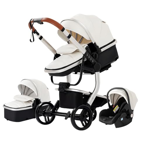 Magic ZC Cuir PU Poussette 3 en 1, Pousette Trio avec Conception Portable Pliable en Un Clic, Poussette Combinée avec Réversible Bidirectionnelle, Pousette...