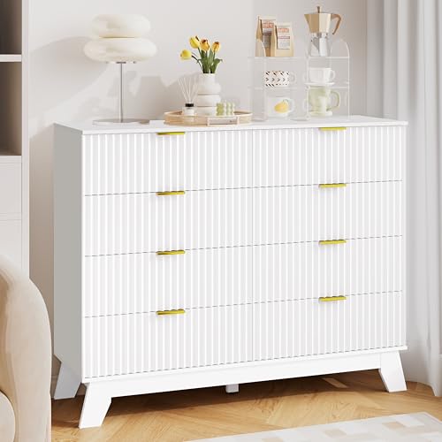 Image of HUANLEGO 48 inch W Tall Fluted Dresser for Bedroom with 8 Drawer, White | Mid Century Modern Dresser for Closet, Anti-Tipping Design, Wooden Dressers & Chest of Drawers for Living Room, Home Office