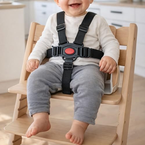 Hochstuhl Sicherheitsgurt, 1 Set, in Schwarz, kompatibel mit Hauck, Stokke Tripp Trapp, Roba, mitwachsender Kinderschutzgurt, 5 Punkt Gurtsystem Kinderhochstuhl, Kindersicherheitsgurt Stuhl Baby Tisch