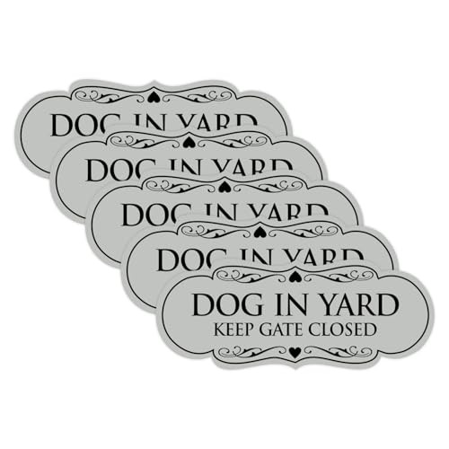 Signs ByLITA Designer Dog in Yard Keep Gate Closed Wall or Door Sign - Easy to Install | Durable Dog Safety Signs (Lt Gray) - Large 5 Pack