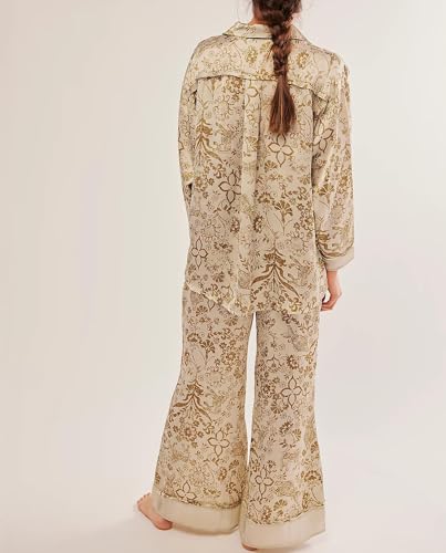 Image of Women Satin Pajama Set Floral Silk Pajamas 2 Piece Lounge Sets Button Down Shirts Wide Leg Pants Pjs Sleepwear
