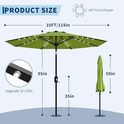 Garvee 10 FT Patio Umbrella with Solar Lights, Outdoor Table Umbrella with 8 Durable Ribs, Tilt & Crank Mechanism, Waterproof & UV Protection for Garden, Backyard, Poolside, Green by Garvee - Used condition - Image 5