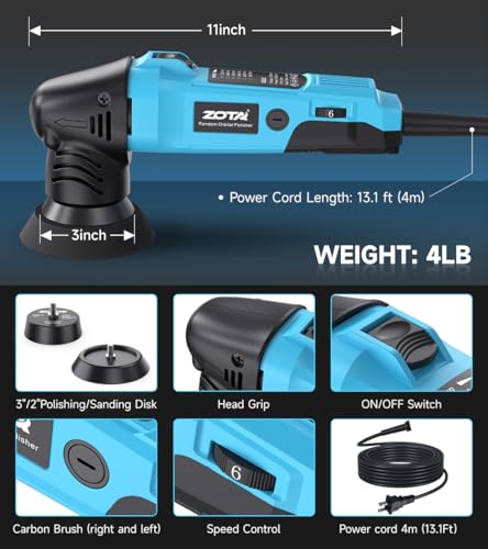 Image of ZOTA 3 inch Polisher, 2 inch Mini Buffer with 8mm Random Dual Action Polisher,13.1ft(4m) Extended Power Cord for Quiet & Smooth Small Buffer Polisher.
