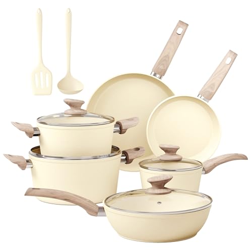 MAISON ARTS Pots and Pans Set Non Stick, Kitchen Cookware Sets Nonstick, 12 Piece Granite Cooking Pot and Pan for Induction, Stovetop, Beige