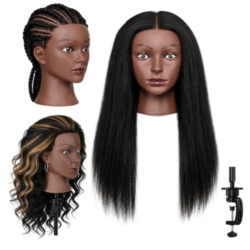 100% Real Hair Mannequin Head,22''Human Hair Mannequin Cosmetology Manikin Doll Head Hair Styling Hairdressing Practice Training Head with Clamp Holder and Tools（Black）