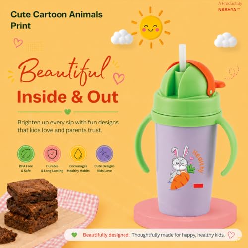 Image of Nabhya Inner Stainless Steel & Outer Plastic 360ml BPA-Free Cute Animal Design Baby Sipper Kids Water Bottle with Straw and Side Handle for Kids (Purplee)
