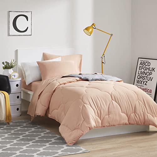 Image of Comfort Spaces Vince Reversible Bed In A Bag - Trendy Casual Geometric Quilted Cover, All Season Down Alternative Cozy Bedding, Matching Sham, Twin XL, Reversible Coral /Gray 6 piece