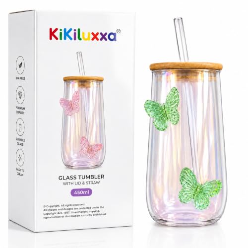 Image of KiKiluxxa Butterfly Glass Tumbler 450ml with Bamboo Lid & Glass Straw | Reusable Coffee Cup for Juice, Bubble Tea, Smoothies, Milkshake & Water (Butterfly Clour Green /Pink)