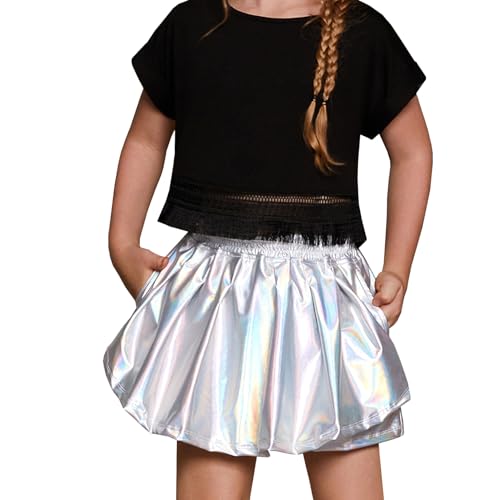 Perfashion Alien Costume Kids Size 10-11 Silver Metallic Shorts Girls Dance Shiny Skirts Sparkly Skorts with Pockets