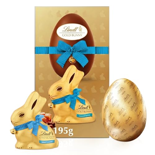 Topline Lindt Chocolates Easter Egg Hamper - Milk Chocolate Egg with Salted Caramel Gold Bunny 195g. Chocolate Gift for Easter Gifts Hamper Kids Easter Egg Hunt with Topline Easter Decoration