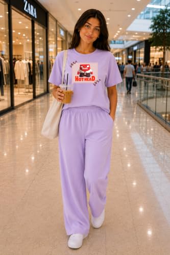 Image of ELVIA Women's Pure Cotton Top and Pyjama Co-Ord Set | Hot Head Graphic Printed Night Suit | Regular Fit Half Sleeve Round Neck T-Shirt with Pajama Loungewear Sleepwear Set for Women