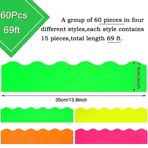 Image of Whaline 69Ft Neon Color Bulletin Board Border Fluorescent Green Yellow Orange Rose Red Decoration Borders Colorful Bulletin Board Stickers for School Classroom Office Home Party Decoration (Pack of 2)