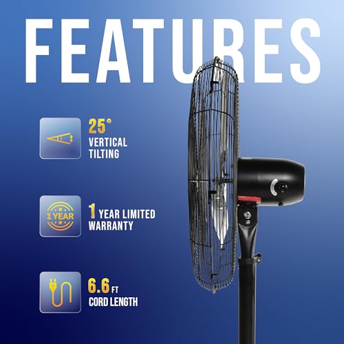 Image of Tornado 24 Inch High Velocity Stationary Non-Oscillating Metal Pedestal Fan Commercial, Industrial Use 3 Speed - 7600 CFM 6.6 FT Cord UL Safety Listed