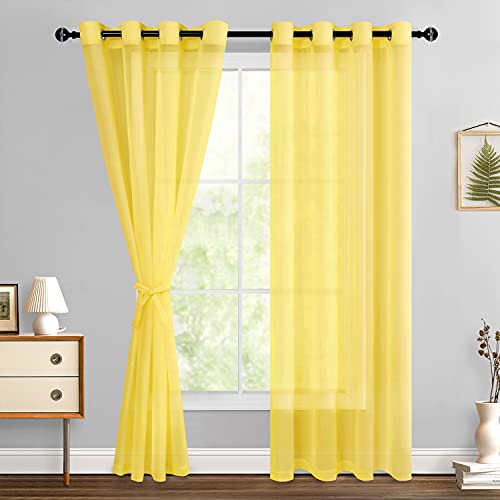 Image of Hiasan Sheer Curtains for Living Room with Tiebacks, Grommet Top Light Filtering Airy Voile Drapes Lightweight Window Curtains for Bedroom, Nursery, Yellow, W52 x L84, Set of 2 Soft Textured Panels