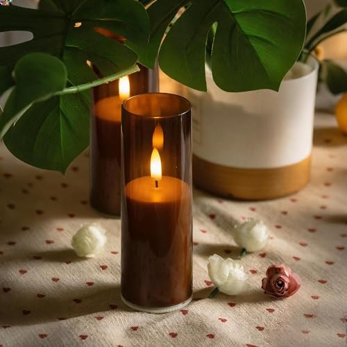 Image of CANDLE CHOICE Indoor Outdoor Flameless Candles with Timer Waterproof Realistic Flickering Battery Operated Pillar LED Lights with Acrylic Shell Wedding Party Christmas Decorations 6 Pack 2 inchx6 inch Brown
