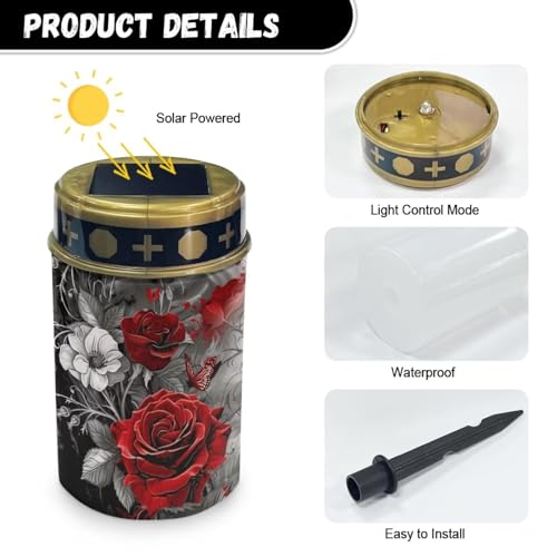 Image of Red Rose Cemetery Solar Lights Water Resistant LED Flameless Candle Grave Lights Solar Powered Grave Decor Memorial Gift Outdoor Garden Decor Light for Prayer 2 Pcs