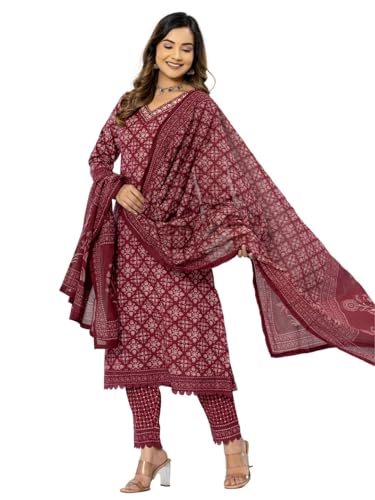 Image of Amayra Women's Cotton Printed Straight Kurta with Pant and Dupatta Set