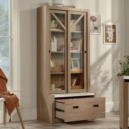 Sauder Dixon 4-Shelf Bookcase with Sliding Doors and Filing Drawer, Brushed Oak/Pebble White