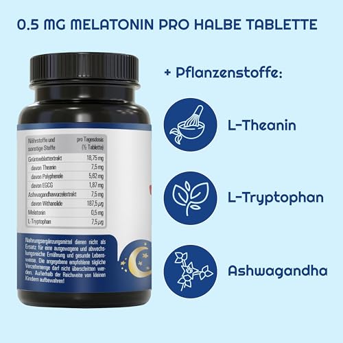 Vihado Melatonin Tabletten hochdosiert - 370 Nächte FORTE Komplex vegan - Rein ohne Zusätze - Plus L-Theanin, L-Tryptophan, Ashwagandha, 185 Tabletten,Melatonin,1