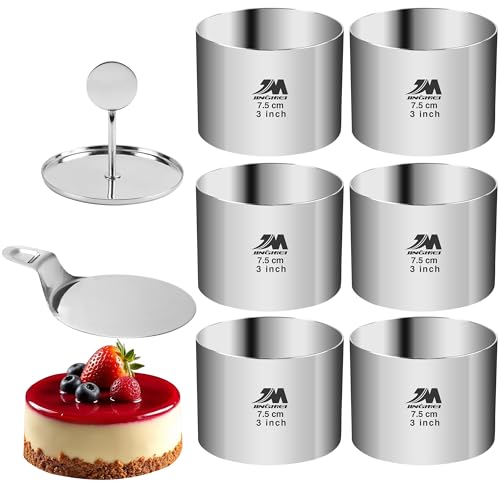 M JINGMEI 6 Pack Round Cake Ring Molds, Seamless Stainless Steel Cake Cutter with Pusher & Lifter, 3-Inch Dessert Mousse Rings for Baking (Includes 1 Pusher, 1 Lifter and 6 Rings)