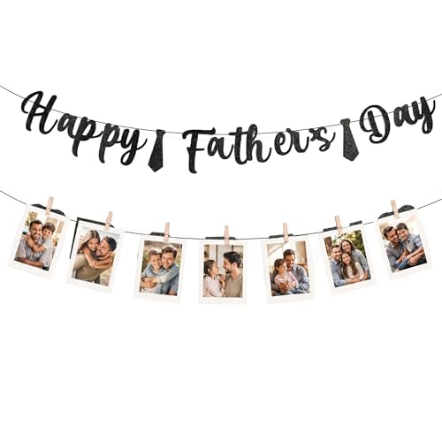 Happy Fathers Day Decorations Banner with 7 Wooden Clips Black Glitter Tie Design Fathers Day Banner Photo Garland Family Memory Picture Hanging Decorations for Dad Party Supplies Wall Home Photo Display Decor