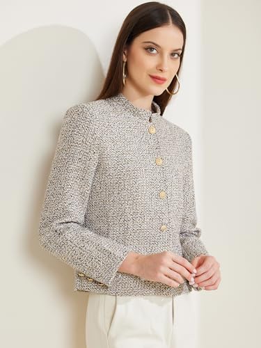 Allegra K Women's Tweed Blazer Stand Collar Long Sleeve Cropped Blazer Jacket3